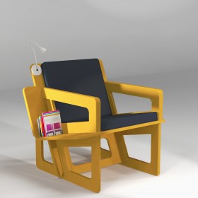 The yellow bookshelf chair, tailor-cut for comfort It can be fitted with an optional reading light.