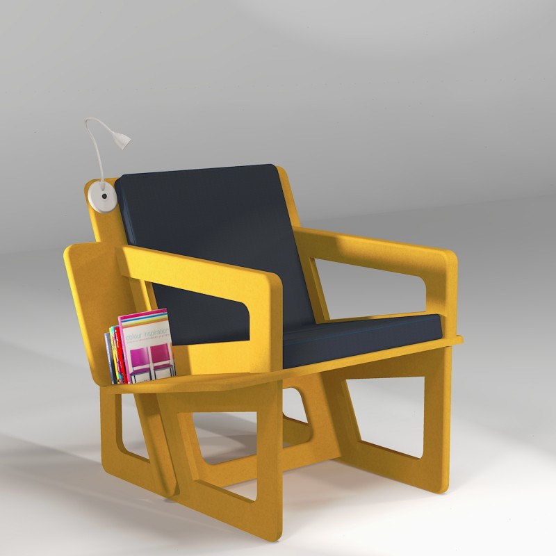 Fauteuil de lecture jaune avec étagère bibliothèque, réalisation sur mesure. Liseuse en option.