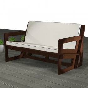 Canapé de jardin fabriqué sur mesure avec coussins gris. Largeur assise 120 cm. Largeur totale 134 cm.
