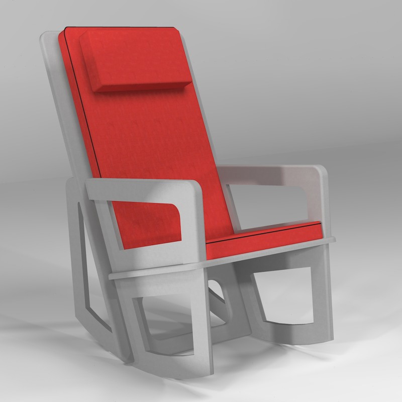 Fauteuil à bascule gris clair, coussin rouge et dossier haut