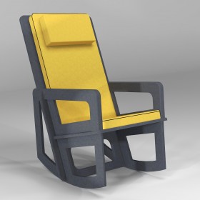 Fauteuil à bascule gris foncé, coussin jaune et dossier haut
