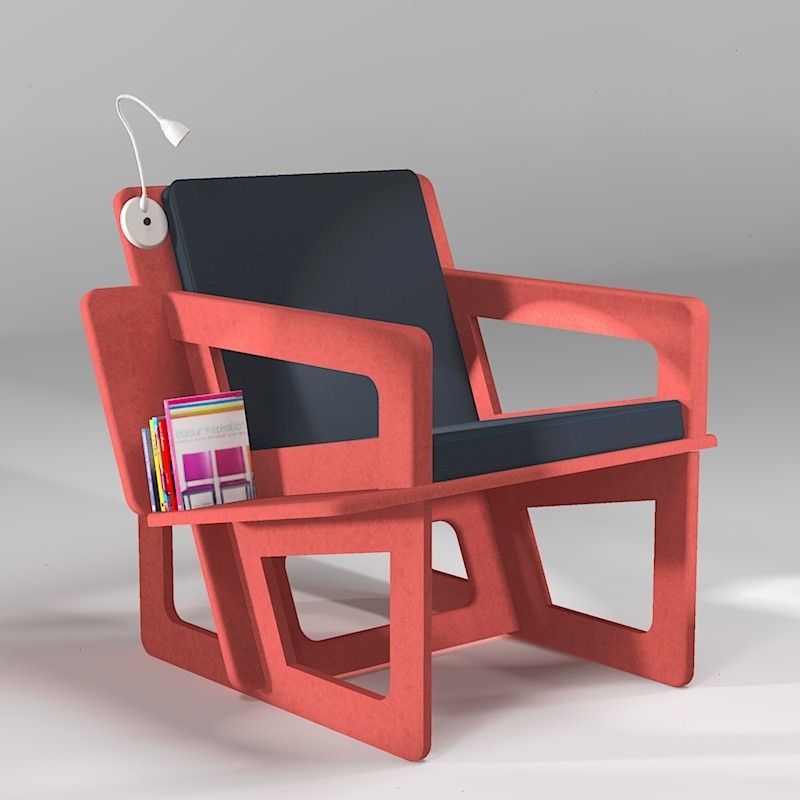 Fauteuil bibliothèque en Valchromat rouge, fabrication sur-mesure
