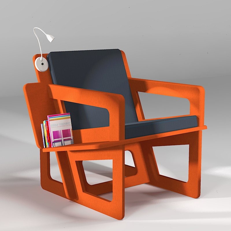 Fauteuil de lecture orange, taillé sur-mesure, dossier mi-hauteur. Liseuse en option