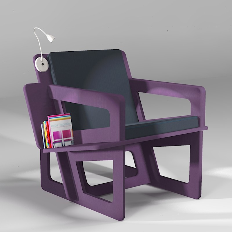 Fauteuil de lecture violet, taillé sur-mesure, dossier mi-hauteur. Liseuse à led en option.