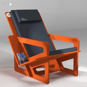 Fauteuil de lecture orange, taillé sur-mesure, dossier haut avec appui-tête. Liseuse en option.