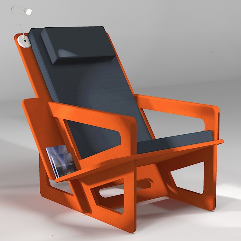 Fauteuil de lecture orange, taillé sur-mesure, dossier haut avec appui-tête. Liseuse en option.
