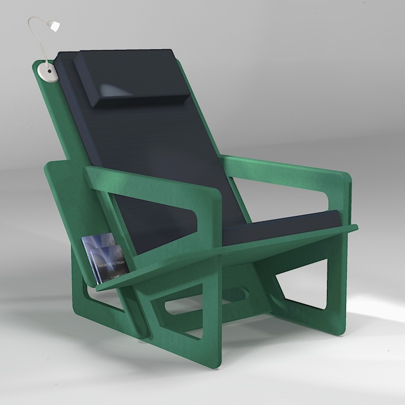 Fauteuil de lecture vert, taillé sur-mesure, dossier haut avec appui-tête