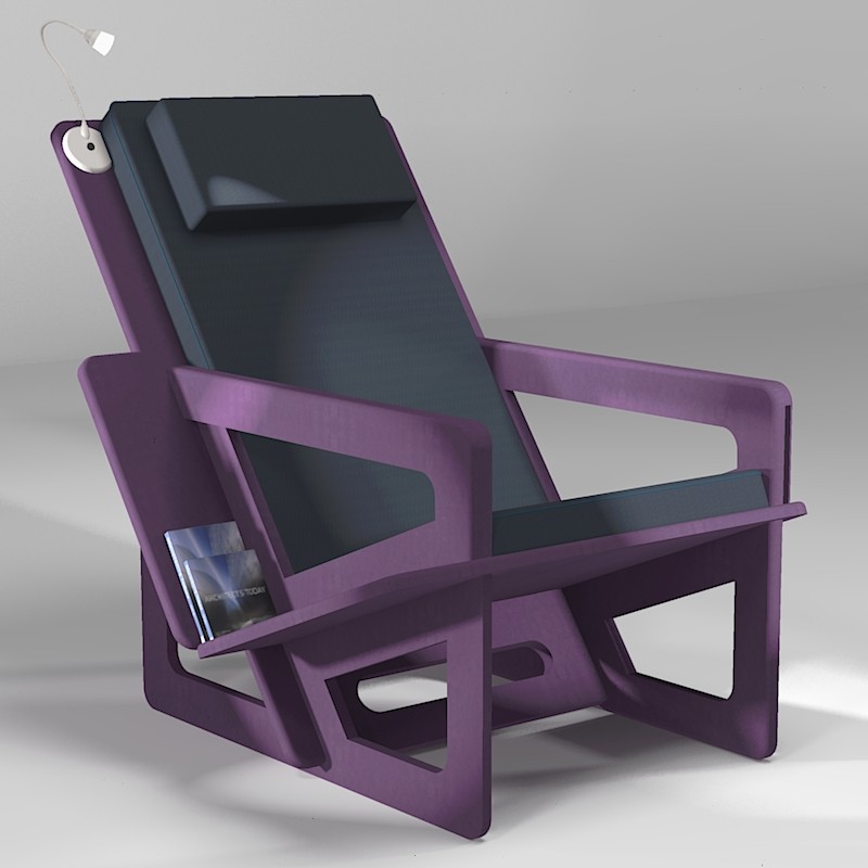 Fauteuil de lecture violet, taillé sur-mesure, dossier haut avec appui-tête