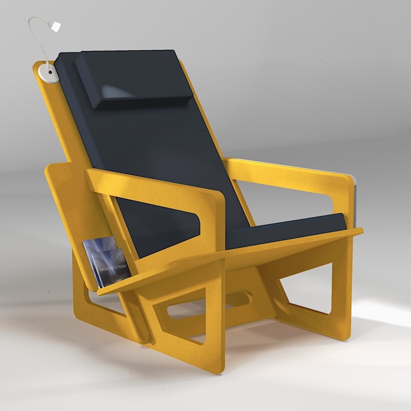 Fauteuil de lecture jaune, taillé sur-mesure, dossier haut avec appui-tête