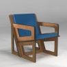 Fauteuil design scandinave sur mesure modèle Aero avec structure huilé coloris chocolat et coussin bleu